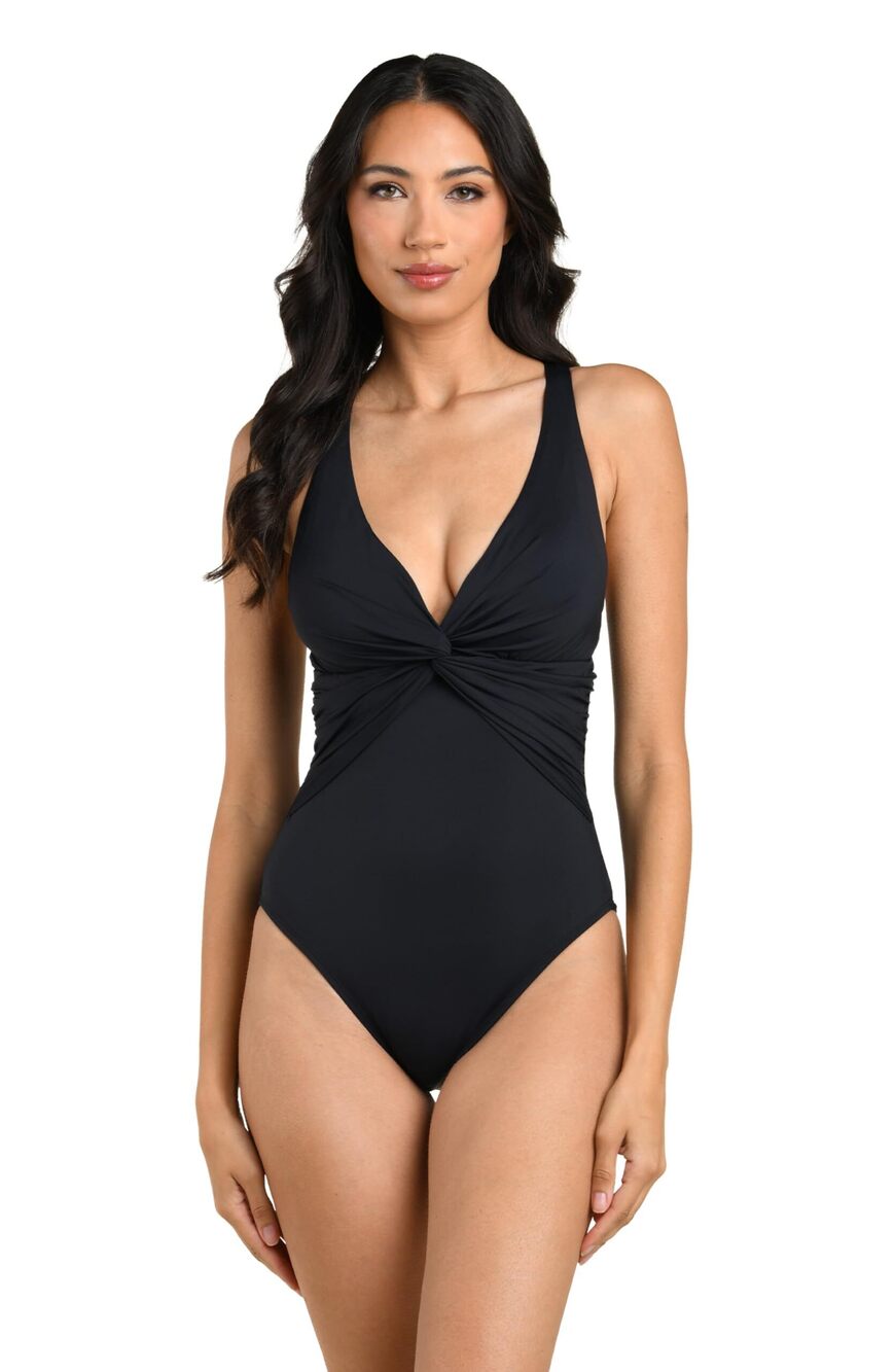 La Blanca Women's Black Island Goddess Plunge One Piece Swimsuit 8 NWT
